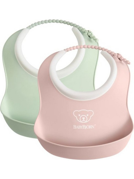 BabyBjorn Σετ Αδιάβροχες Σαλιάρες Πλαστικές με Κουμπί & Τσέπη 4m+ Πράσινο Mint Ροζ 2τμχ