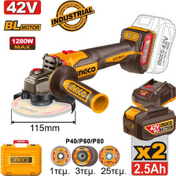 Ingco CAGLI4128112E Γωνιακός Τροχός Μπαταρίας 42V 115mm 2x2.5Ah