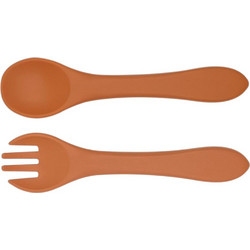 QueenMother Soft Bites Terracotta Σετ Βρεφικό Πιρούνι & Κουτάλι Σιλικόνης 6m+ Καφέ 2τμχ