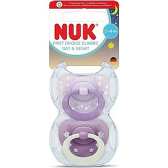 Nuk First Choice Classic Day & Night Ορθοδοντικές Πιπίλες Σιλικόνης Νυκτός 0-6m Λουλουδάκια Μωβ 2τμχ