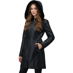 Leather 100 Γυναικείο Ημίπαλτο Δερμάτινο με Γούνα & Κουκούλα Μαύρο 05-W-MOUTON-26W1-LONG