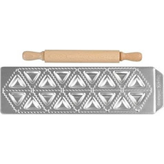 IMPERIA Ιταλίας Raviolamp Φόρμα Design 18 θέσεων Αλουμινίου Ασημί για Τριγωνικά Ζυμαρικά Tortelli Classici 33.5x11.5x2cm και Ξύλινος Πλάστης