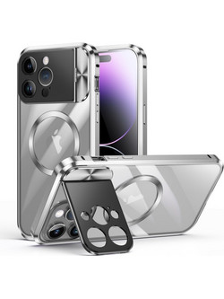 Magnetic Metal Full Body Θήκη MagSafe με Window Holder iPhone 14 Pro Max - Silver