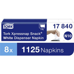 Χαρτοπετσέτα Συσκευής Λευκή 1φυλλη 21,6x21,6cm 40x225τεμ Tork Xpressnap Snack(R) 17840