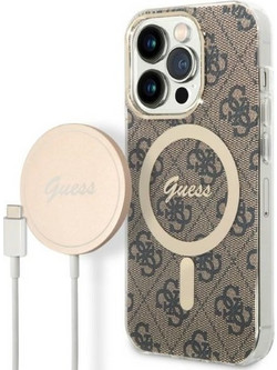 Guess Print MagSafe + Wireless Charger Apple iPhone Back Cover Brown (iPhone 14 Pro Max)