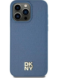 DKNY Leather Pattern Metal Logo MagSafe Case for iPhone 15/14/13 - Blue