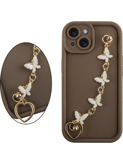 Volte-Tel Θηκη Iphone 15 6.1'' Silicon Tpu With Strap Full Camera Protection Brown With White BUTTERFLIES