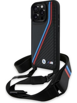 Θήκη κινητού BMW Leather M Edition Carbon Tricolor Lines & Strap for iPhone 16 Pro Black