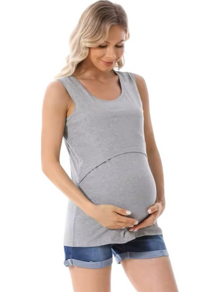 Γκρι, βαμβακερό αμάνικο t-shirt εγκυμοσύνης-θηλασμού, Queen Mother, Καλοκαίρι 2025, Casual, Κανονική γραμμή