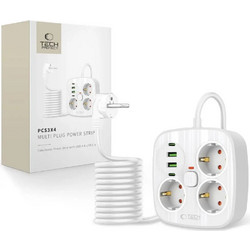 Tech-Protect PCS3X4 Power strip, 3 sockets, 2xUSB-A, 2xUSB-C 200 Cm - White - (27745-0)