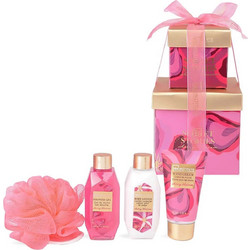 IDC Institute Secret Stories Double Box Cherry Blossom Shower Gel 100ml + Body Lotion 100ml + Hand Cream 50ml + Bath Puff
