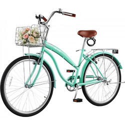 Γυναικείο Ποδήλατο VEVOR, Ποδήλατο Beach Cruiser 66cm, Ποδήλατο πόλης ενηλίκων μονής ταχύτητας με ατσάλινο σκελετό, χωρητικότητα 150kg, καλάθι, πίσω σχάρα και διπλά φρένα V, ανοιχτό πράσινο