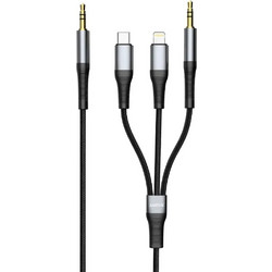 Sunix 3 σε 1 Υφασμάτινο Καλώδιο Ήχου Aux Jack 3.5mm Αρσενικό σε Type-C / Lightning / Aux 1 Μέτρο - Μαύρο