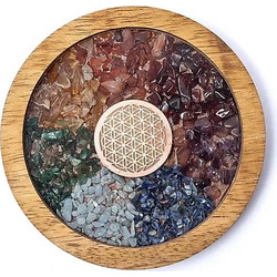 Coaster Wood Chakras & Flower of Life 10 cm - Ξύλινο Σουβέρ με Φυσικούς Λίθους