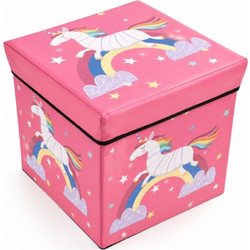 Παιδικό Σκαμπό Αποθήκευσης Παιχνιδιών Ροζ Unicorn με Καπάκι 31x31x31εκ