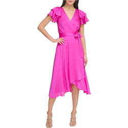 DKNY Midi Καλοκαιρινό Φόρεμα για Γάμο / Βάπτιση Κρουαζέ Σατέν Φούξια DD4AQ571-GKH
