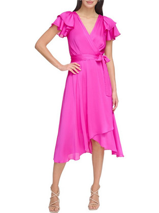 DKNY Midi Καλοκαιρινό Φόρεμα για Γάμο / Βάπτιση Κρουαζέ Σατέν Φούξια DD4AQ571-GKH