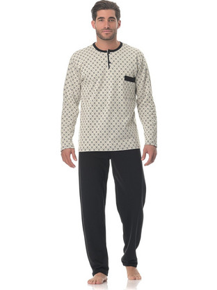 PNN Nightwear Χειμωνιάτικες Ανδρικές Πιτζάμες Βαμβακερές με Κουμπιά Εκρού Μαύρες 1231-0140