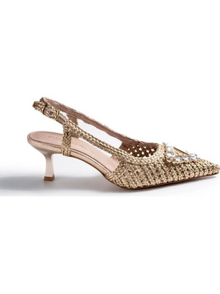 Emanuelle Vee Γόβες Slingback με Λεπτό Χαμηλό Τακούνι & Στρας Χρυσές 461M-218-11-T200