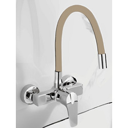 Bonken HT-1795 Μπαταρία Κουζίνας Τοίχου Διπλής Παροχής Σπαστή Ανάμεικτη με Εύκαμπτο Ρουξούνι Μπεζ