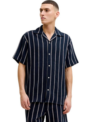 Jack & Jones Ανδρικό Πουκάμισο Βαμβακερό Ριγέ Κοντομάνικο Κανονική Γραμμή Navy Μπλε 12271060