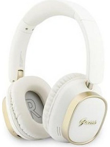 Guess Rectangle Metal Script Logo ENC Ασύρματα Bluetooth Ακουστικά Over Ear με Noise Cancelling Λευκά Χρυσά