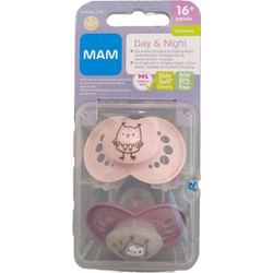 Mam Original Day & Night Ανατομικές Ορθοδοντικές Πιπίλες Σιλικόνης Νυκτός 16m+ Κουκουβάγια Ροζ 2τμχ