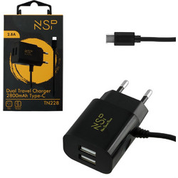 TRAVEL NSP TN228 DUAL USB-A ΜΕ ΕΝΣΩΜΑΤΩΜΕΝΟ ΚΑΛΩΔΙΟ USB-C 2.8A 14W BLACK OR NSP