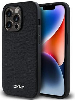 DKNY PU Leather Silver Metal Logo Magsafe Case for iPhone 14 Pro Max Black