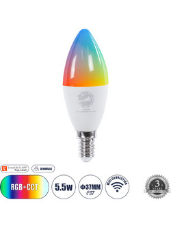 GLOBOSTAR(R) SMARTME 60488 Λάμπα Κεράκι E14 C37 Smart Home WiFi με Λειτουργία μέσω Tuya APP LED 5.5W 550lm 260 AC 220-240V IP20 Πολύχρωμο RGBW+WW Dimmable - Bridgelux Chip - Μ3.7 x Π3.7 x Υ11cm