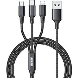 Καλώδιο Φόρτισης Braided 3 σε 1 USB σε Lightning - Τype C - Micro USB 3.1A 1.20m Remax RC-189th Μαύρο