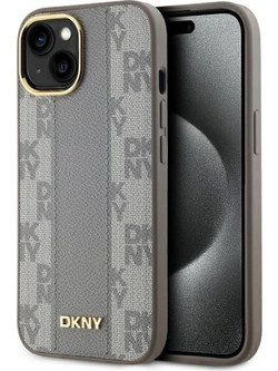 DKNY Leather Checkered Mono Pattern MagSafe iPhone 15 Plus Case - Beige