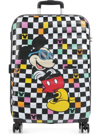 American Tourister Wavebreaker Disney Mickey Check Παιδική Βαλίτσα Μεγάλη 77x52x29cm με 4 Ρόδες Μαύρη Λευκή