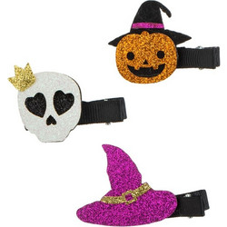 Halloween Κλιπ Μαλλιών Μαύρα Καπέλο Μάγισσας Κολοκύθα Νεκροκεφαλή Glitter 4.5x4cm - 3 τμχ