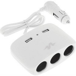 Sumex Φορτιστής Αυτοκινήτου Λευκός Pulse με Θύρες: 2xUSB 3xΑναπτήρα μαζί με Ενσωματωμένο Καλώδιο
