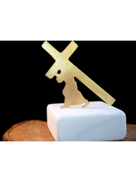 Cross Statue: Minimal Gold Religious Decor (Marble Base Sculpture)