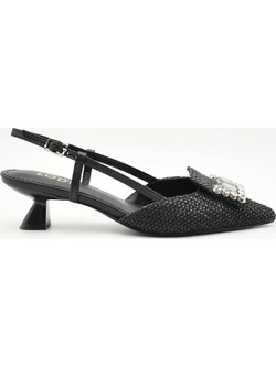 Lodi Γόβες Slingback Δερμάτινες με Λεπτό Χαμηλό Τακούνι Φιόγκο & Στρας Μαύρες A-CASIOPEA-C4