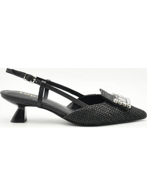 Lodi Γόβες Slingback Δερμάτινες με Λεπτό Χαμηλό Τακούνι Φιόγκο & Στρας Μαύρες A-CASIOPEA-C4