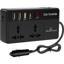 POWERTECH inverter αυτοκινήτου PTL-023, 200W, 12V DC σε 220V AC, με USB-C/3x USB