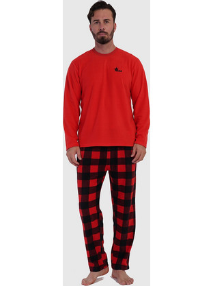 Vienetta Man Ανδρική χειμερινή fleece πυτζάμα με καρό παντελόνι-161930 Κόκκινο