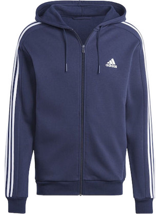 Adidas Essentials 3-Stripes Ανδρική Ζακέτα Fleece με Κουκούλα και Φερμουάρ Μπλε IJ6478