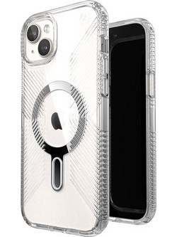 Speck Presidio Perfect-Clear Grip ClickLock MagSafe Back Cover Clear / Chrome Finish / Serene Silver (iPhone 15 Plus / 14 Plus)