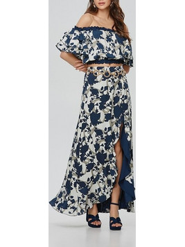 Lynne Μακριά Φούστα Υφασμάτινη Ψηλόμεση Floral Navy Μπλε Μπεζ 151-013004-61
