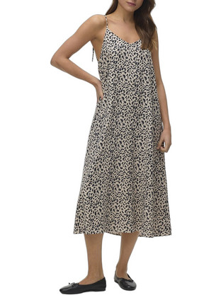 Vero Moda Midi Καλοκαιρινό Καθημερινό Φόρεμα Μεταξωτό Μπεζ 10340519