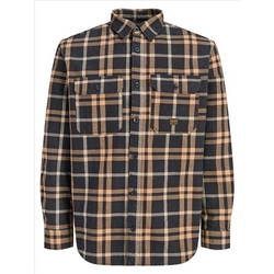 Jack & Jones Ανδρικό Πουκάμισο Βαμβακερό Καρό Μακρυμάνικο Κανονική Γραμμή Overshirt Καφέ Μαύρο 12301357