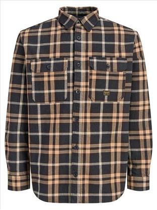Jack & Jones Ανδρικό Πουκάμισο Βαμβακερό Καρό Μακρυμάνικο Κανονική Γραμμή Overshirt Καφέ Μαύρο 12301357