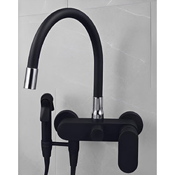 Bonken HT-9801 Μπαταρία Κουζίνας Τοίχου Διπλής Παροχής Ανάμεικτη με Εύκαμπτο Ρουξούνι Μαύρη