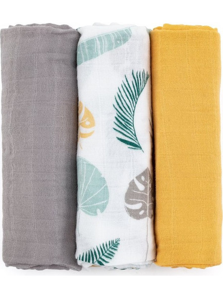 Petite&Mars Moussy Ochre Leaves Πάνες Αγκαλιάς από Μουσελίνα Λευκές Κίτρινες Εκρού 68x68cm 3τμχ