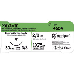 Xειρουργικό Ράμμα Polyamid 2/0 με Βελόνα 30mm Τριγωνική 3/8 του Κύκλου Κόπτουσα Μήκους 75cm