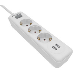 Πολύπριζο Philips SPN3032W/GRS - 3x Schuko - 2x USB-A - Με Διακόπτη On/Off - Παιδική Ασφάλεια - Καλώδιο 1.5m - Λευκό SPN3032W/GRS